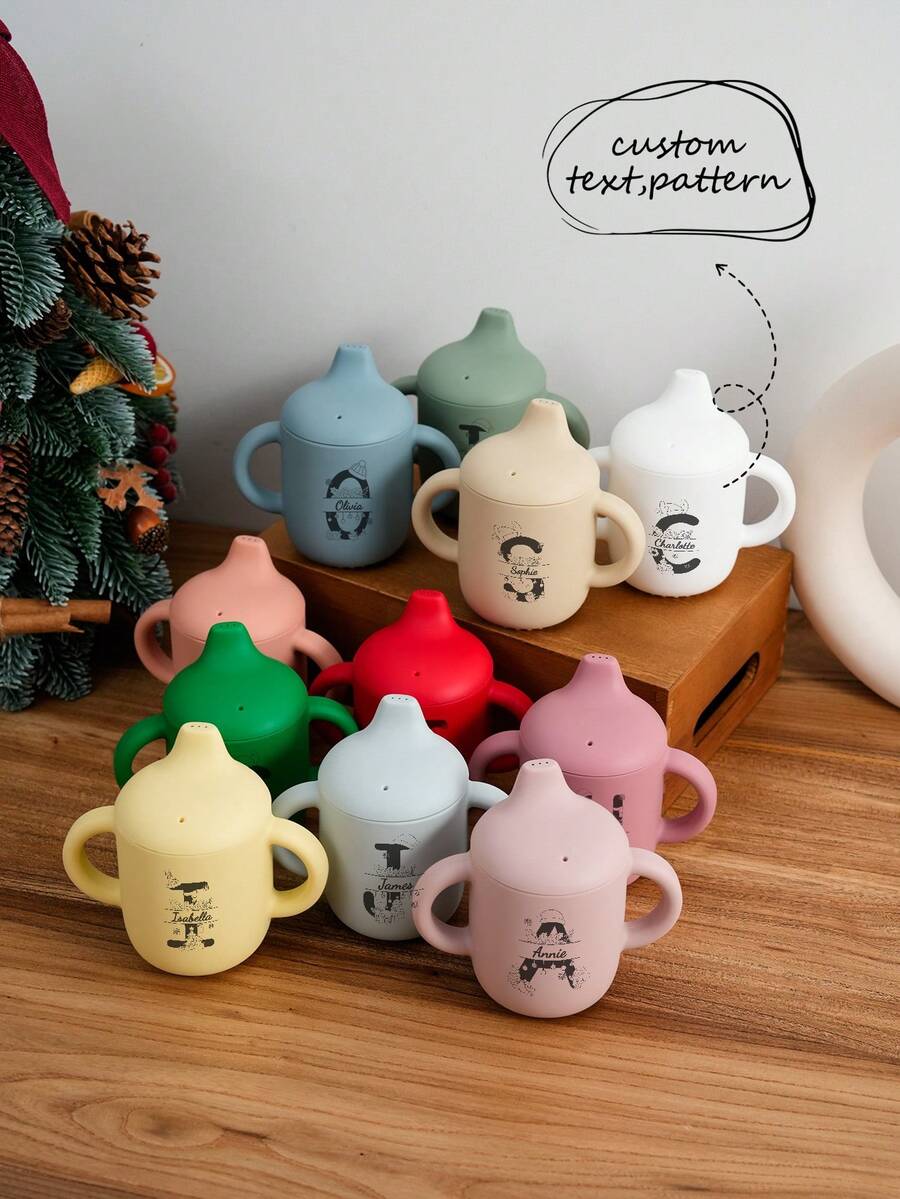 1PC Personalized Customization Name Pattern Silicone Baby Sippy Cup Print On Demand Baby Cups Custom Water Bottle Leakproof Baby Bottles Baby Tableware
