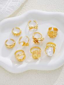 9pcs/Set Fashion Minimalist Elegant Delicate Vintage Design Geometric Strap Asymmetrical Ruffle Texture Faux Pearl Bow Smooth Minimalist Plain Circle Hollow Design Exaggerated Wide Band Ring Set, Suitable For Holiday, Party, Date, Gift, Daily Wear