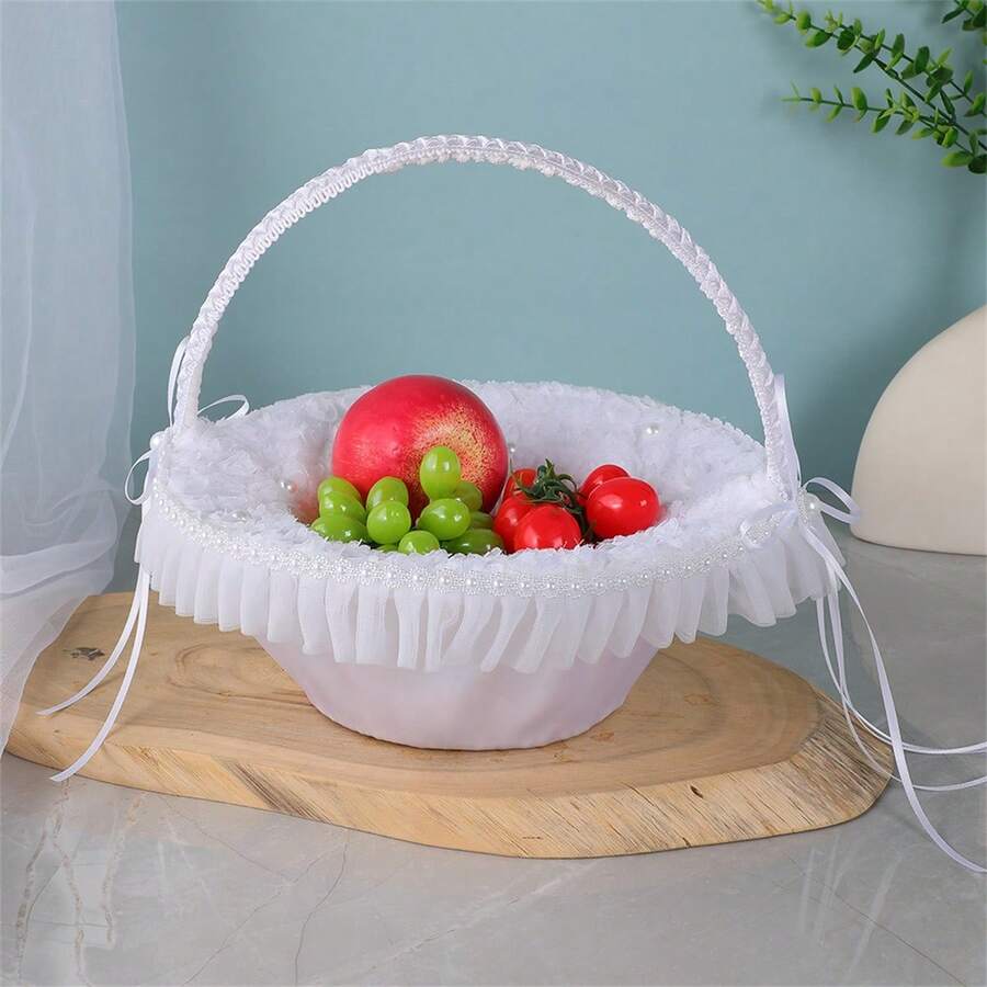 Photography Basket Props For Studio Photo Shoots With Pearl And Satin Ribbons For Weddings And Special Events - White - View 1