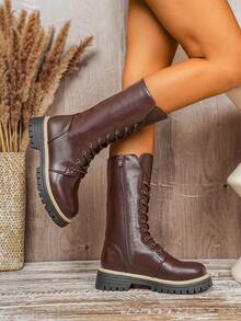 Bottes de cavalière vintage  à lacets pour femmes, bottes de motard confortables et polyvalentes avec semelle épaisse pour l'automne/l'hiver - Rouge - Voir 5