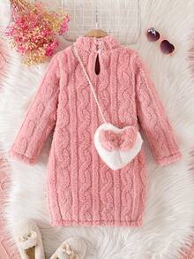 2pcs/Set Cute Textured Solid Color Long Sleeve Hooded Dress With Bow & Heart Decor Bag For Young Girls, Winter - Pink - View 2