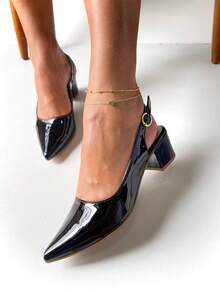 Elegant Block Heel Sandal With Pointed Toe And Closed Back Opening In Black Patent Leather - Black Varnish - View 2