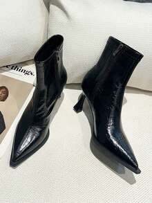 2025 高跟尖头棕色绒面细跟踝靴，女鞋，2025 年秋冬新品，小猫高跟鞋 - 黑色 - 查看 3