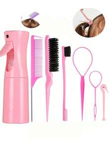 4pcs Spray Bottle And Hairbrush Set, 1 Spray Bottle + 1 Pointy Tail Comb + 1 Eyebrow Brush + 1 Fluffy Comb, Hair Brush For Boys And Girls, Comb Brush For Wet And Dry Curls, Parting Brush, Brush For Coarse And Fine Hair Treatment, Makeup, Black Five Set, Christmas Set Back-To-School Season