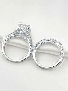 Bộ 2 nhẫn đá Cubic Zirconia, quà tặng Ngày Valentine cho nữ, trang sức kỷ niệm ngày cưới, tiệc tùng. - Bạc - Xem 3