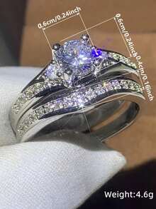 两件套立方氧化锆戒指，女士情人节礼物，结婚纪念日派对首饰 - 銀色 - 查看 7