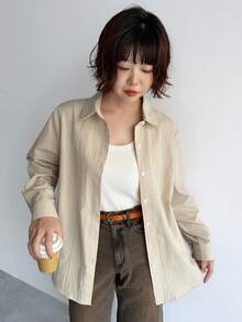 FRIFUL Camisa de manga larga de unicolor para mujer, para uso diario en primavera, tops de manga larga - Beis - Ver 2