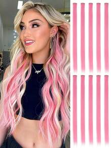 10片彩色夹式接发，20英寸直发合成假发，适用于万圣节装扮、圣诞节、派对、音乐节、新年礼物，女士（红色） - 玫紅色 - 查看 11