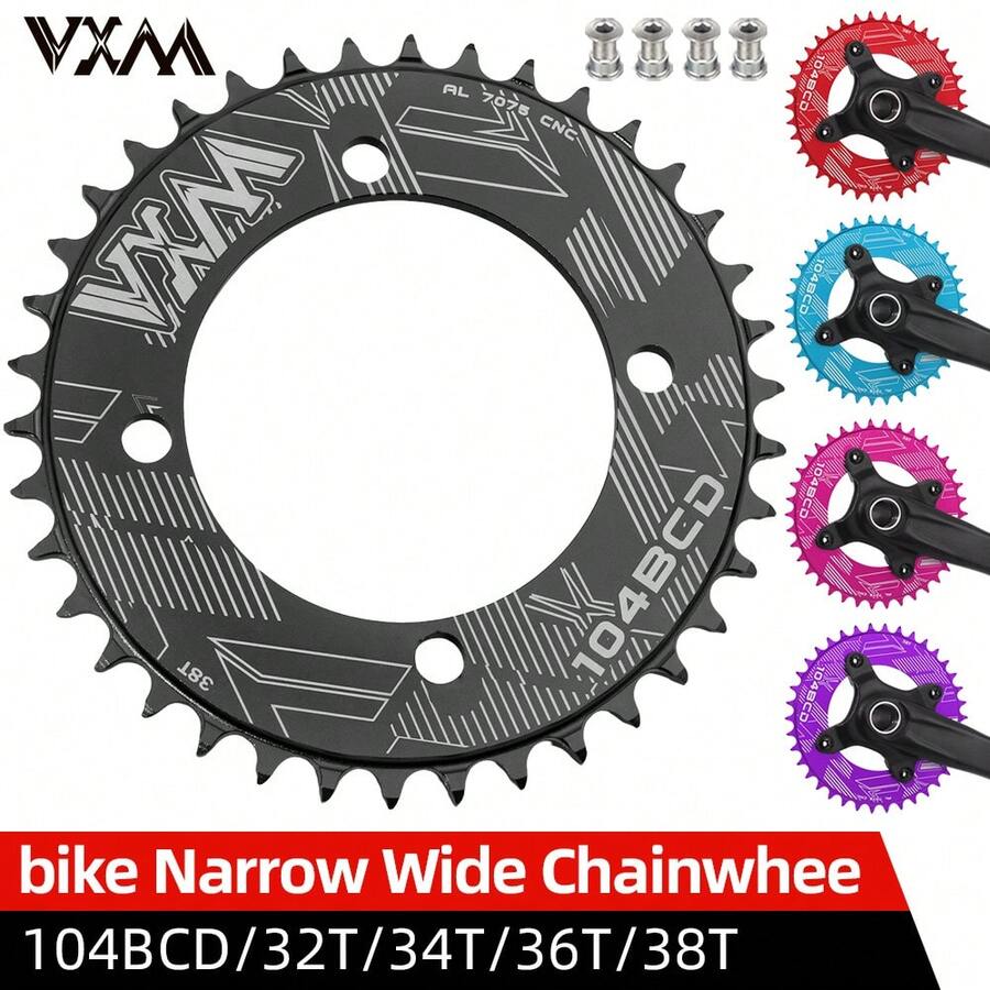 VXM 104BCD Mountain Bike Single Chainring, 7075 Aluminum Alloy 32T/34T/36T/38T Closed Tooth Chainring (Includes Chainring Bolts), Bicycle Parts