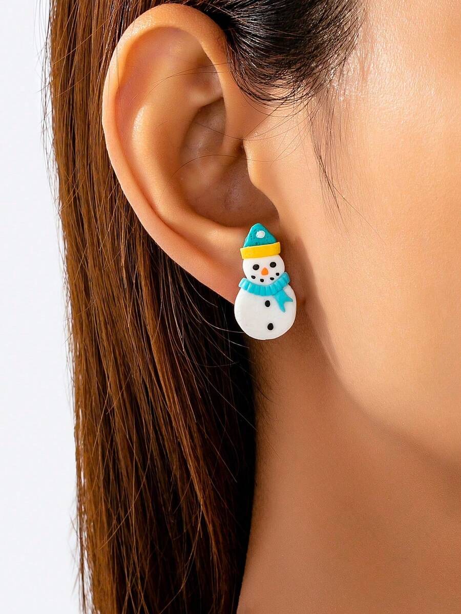 1 Pair Handmade Clay Snowman Earrings, Holiday Festive Christmas Jewelry Gift For Women And Girls (Color And Shape May Vary)