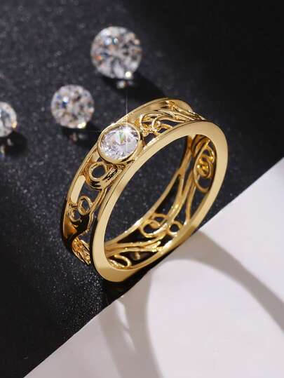 1pc Fashionable Personalized Versatile Hollow Ring Design, Inlaid With Shiny Sparkling Round Synthetic Zirconia Ring, Surprise Gift For Couple, Mother, Party