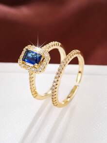 2pcs Gold-Plated Micro-Inlaid Cubic Zirconia Rings, Wedding, Engagement, Proposal Gift Jewelry