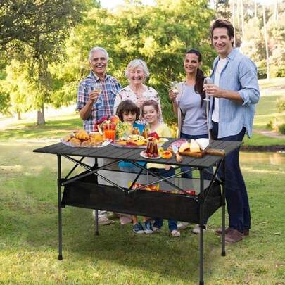 Aluminum Alloy Roll-Up Portable Camping Table With Easy Carry Bag - Universal Picnic, BBQ, Beach, Patio Table - Tool-Free Assembly - Anti-Slip Feet - For Valentine's Day, Easter, Independence Day Events