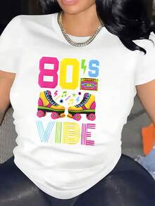 80s Vibe Retro Roller Skates And Cassette Tape Design Graphic Tee For Women, 1980s Nostalgia Party Wear, Fun Pop Culture Statement Shirt, Vintage Music And Dance Theme Top, Perfect For Themed Events And Casual Outfits, 220g - 白色 - 查看 1
