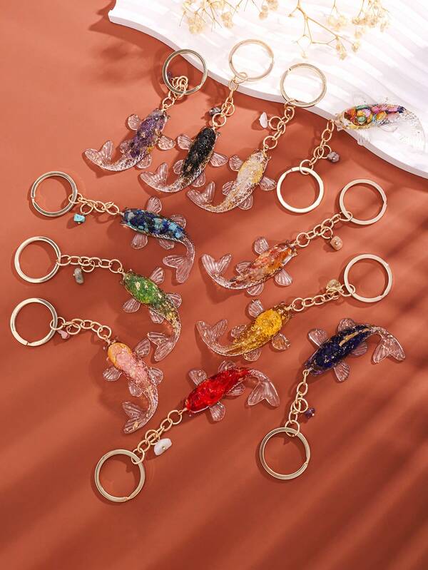 1pc Children's Koi Fish Keychain, Natural Crystal Chip Resin Craft With Cartoon Fish Car Pendant, Keychain Accessory, Bag Charm