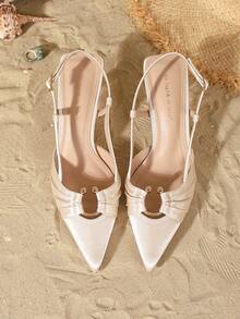 On feet& in love Giày cao gót mũi nhọn, chất liệu satin xếp ly, khóa kim loại phía sau, kiểu dáng thanh lịch dành cho nữ, phù hợp với váy. - Màu be - Xem 6