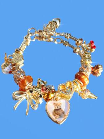 1pc Time Gem Bear Charm Bracelet, Y2K Cherry Charm Bracelet, Bowknot DIY Bracelet, Retro Bear Ice Cream Bracelet, Love Unlimited Key Bracelet
