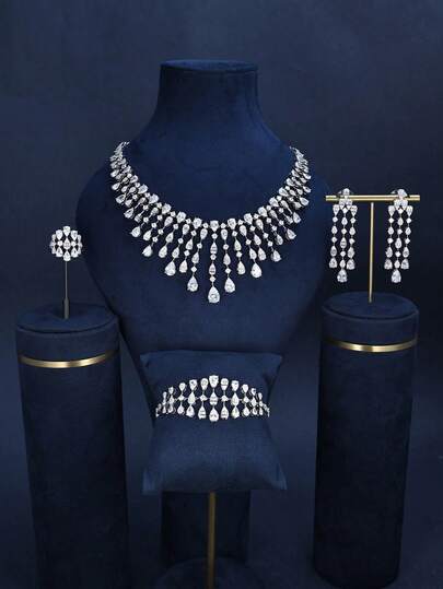 4pcs Silver Tone Fashionable Glamorous Sparkling Cubic Zirconia Necklace, Ring, Bracelet, Earrings Set, Suitable For Women Formal Occasions