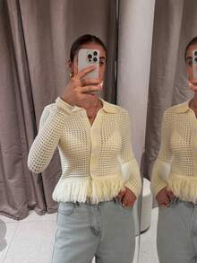 Áo khoác cardigan dệt kim lãng mạn FOR BEAUTY, Áo khoác len dài tay mới dành cho nữ, Áo cardigan dệt kim khoét lỗ có tua rua mùa xuân/hè, Áo khoác ngoài mùa xuân - Màu be - Xem 4