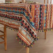 Boho Tablecloth For Square Tables,Fringed Edges With Geometric Pattern Tablecloths,Farmhouse Floral Table Cover Cloth Drative For Kitchen Dining Room,59"X 70",24897015 - 紅色 - 查看 1