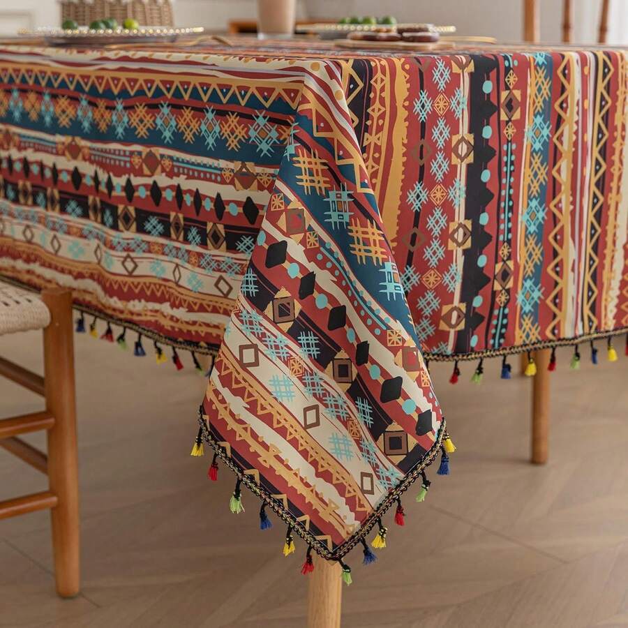 Boho Tablecloth For Square Tables,Fringed Edges With Geometric Pattern Tablecloths,Farmhouse Floral Table Cover Cloth Drative For Kitchen Dining Room,59"X 70",24897015 - 紅色 - 查看 1