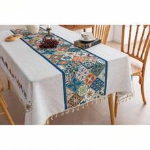 Boho Tablecloth For Square Tables,Fringed Edges With Geometric Pattern Tablecloths,Table Cover Cloth Drative For Kitchen Dining Room,59"X 102",24897021 - 駝色 - 查看 1