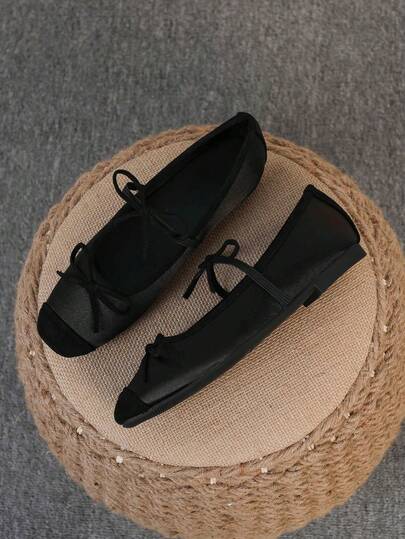 Kadın Bale Ayakkabıları, Şık Kare Burunlu Yumuşak Tabanlı Ayakkabılar, Çok Yönlü Düz Ayakkabılar, Düz Fiyonklu Loafer'lar, Büyük Beden, 35-43 Beden