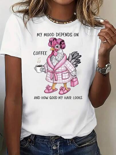 Camiseta gráfica divertida de pollo y café para hombres y mujeres - Camiseta casual de manga corta con cuello redondo y cita humorística "Mi estado de ánimo depende del café", camiseta blanca de poliéster para verano y primavera, ropa casual de primavera |   Camiseta con estampado divertido |   Textura suave
