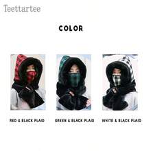 Nouveau set hiver en peluche, bonnet et écharpe avec masque amovible, doublure thermique, protection des oreilles, coupe-vent, disponible en plusieurs couleurs, motif à carreaux classique. Convient pour le cyclisme, le camping, le ski, la randonnée, la pêche et les sports en plein air par temps froid. - Multicolore - Voir 2