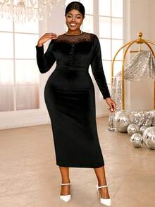 Women's Velvet Long Sleeve Black Party Bodycon Dress, Mesh Patchwork Formal Business Work Midi Dress, Suitable For Dates, Parties, Weddings, Bridesmaids, Graduations, Wedding Guests - Black - View 5