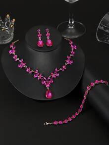 A Set Of 4 Pieces/Pieces Of Fashionable And Elegant Alloy Rhinestone Glass Necklace, Earrings And Bracelet Jewelry, Suitable For Women's Weddings, Banquets, Balls And Parties - 玫紅色 - 查看 1