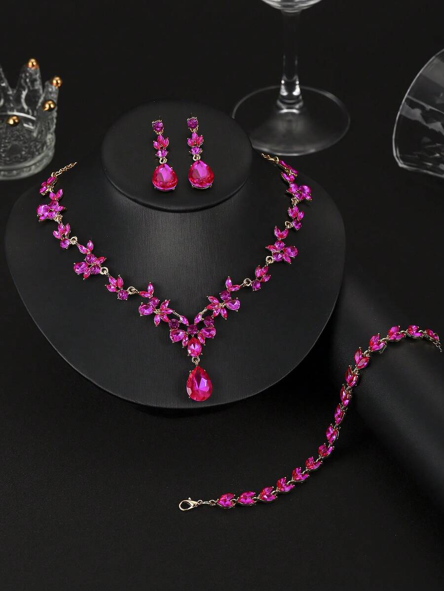 A Set Of 4 Pieces/Pieces Of Fashionable And Elegant Alloy Rhinestone Glass Necklace, Earrings And Bracelet Jewelry, Suitable For Women's Weddings, Banquets, Balls And Parties - 玫紅色 - 查看 1
