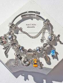 Travel Series Charm Bracelet, Vintage Travel Pendant Bracelet, Adjustable Classic Fashion Bracelet With Coffee Suitcase Charm, Gift For Friends - 銀色 - 查看 12
