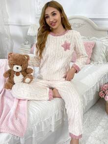 2pcs Women's Autumn/Winter Flannel Pajama Set, Thickened Coral Fleece Long Sleeve Top And Pants, Round Neck, Embroidered Pentagram Cute Cartoon Warm Suit, Comfortable - Pink - View 5