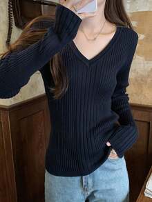 Spring Fitted V-Neck Ribbed Slim & Flattering Knit Pullover Top For Women, Versatile Long Sleeve Casual Outer Wear
