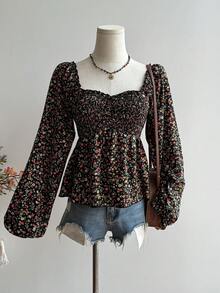 Rikumo 秋冬复古浪漫碎花褶皱长袖衬衫，休闲优雅，甜美气质上衣，圣诞节、新年、情人节冬季上衣 - 黑色 - 查看 8