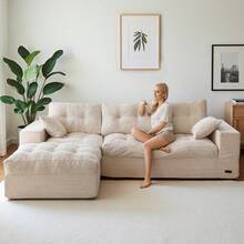 MAXYOYO Chaise Lounge Chair Indoor,Cloud-Plush/L Shaped Cloud-Plush  Corduroy Boneless Floor Sofa Bed,Cozy Sleeper Couch With Pillows For Living Room With Ottoman - 白色 - 查看 2