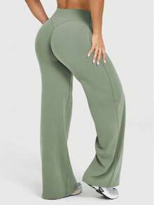 Women's Solid High Waist Sports Leggings, Casual Comfy Breathable Loose Pants For Yoga Gym Workout Running, Ladies Sportswear For All Seasons, High Waisted Flare Legging - Green - View 1