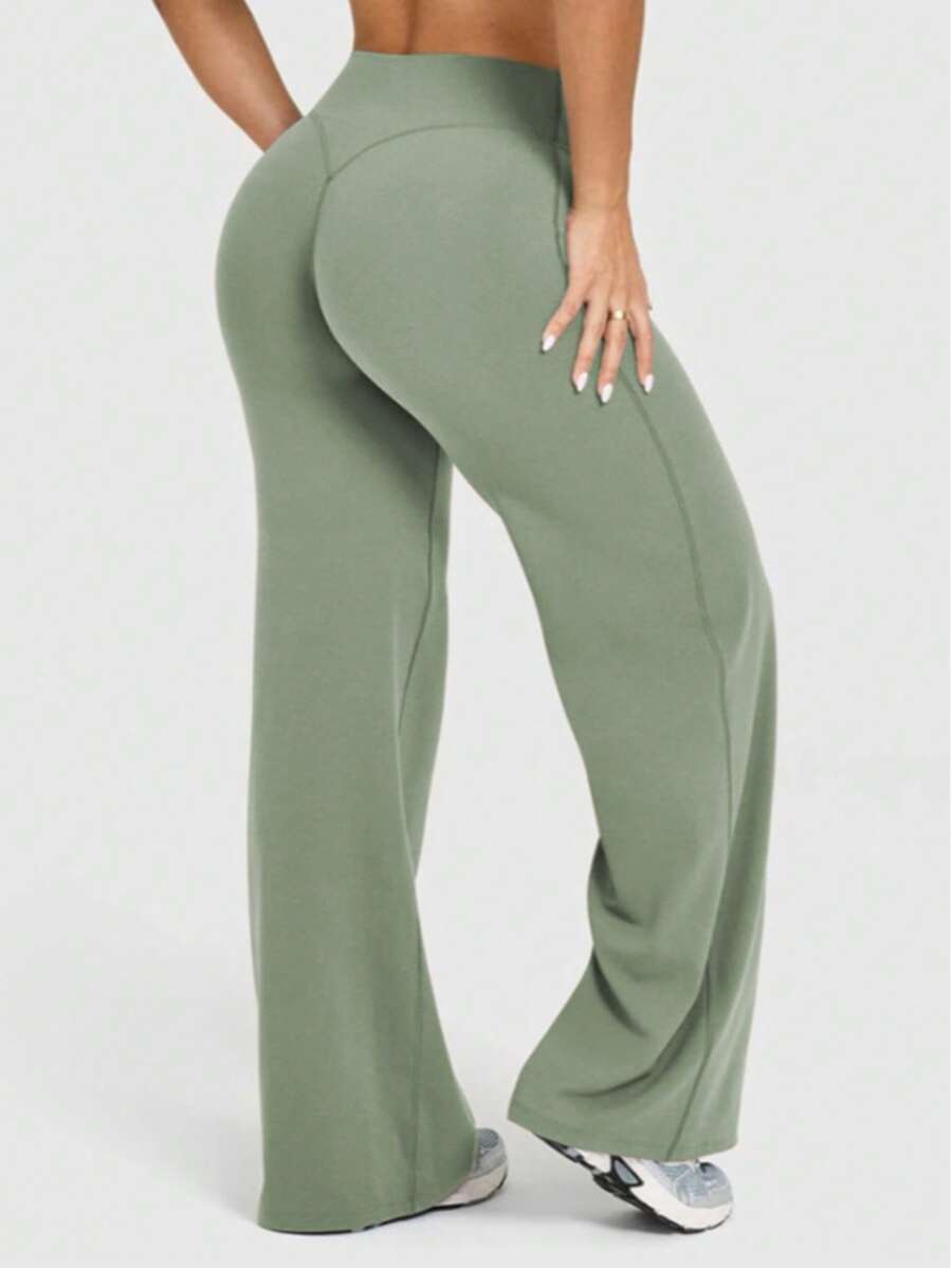 Women's Solid High Waist Sports Leggings, Casual Comfy Breathable Loose Pants For Yoga Gym Workout Running, Ladies Sportswear For All Seasons, High Waisted Flare Legging - Green - View 1