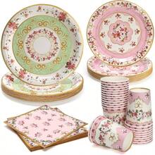 96pcs Disposable Tableware Set Fancy Paper Plates Round 24 Guest Gold Border Tea Party Plates And Napkins Sets Table Supplies Decorations Retro Gorgeous Birthday Picnic Wedding - 茶會 - 查看 1