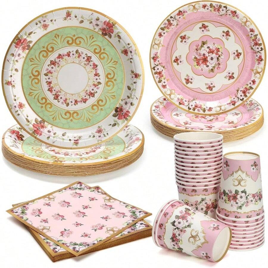 96pcs Disposable Tableware Set Fancy Paper Plates Round 24 Guest Gold Border Tea Party Plates And Napkins Sets Table Supplies Decorations Retro Gorgeous Birthday Picnic Wedding - 茶會 - 查看 1