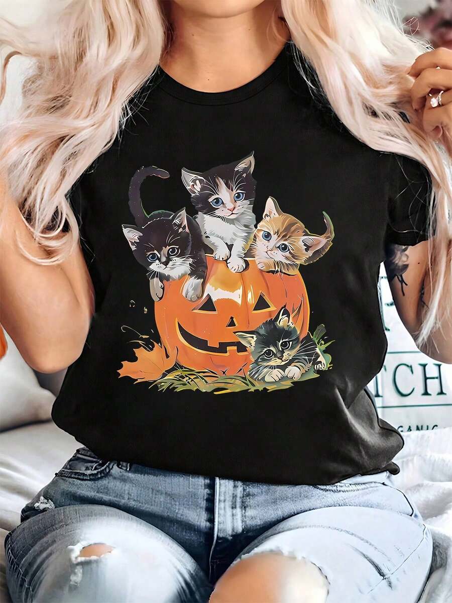 Camiseta de Halloween para Mujer Talla Grande con Estampado de Gato y Calabaza - Corte Oversize Suave, Cuello Redondo en Mano Corta Diseño y Naranja del Atigrado, 0X-5XL - Conjuntos Acogedores otoñales e ideales para el Día de las Brujas, Ropa Casual Perfecta, Regalo Ideal Para Amantes De Los Gatos (Estampa Adorable), Camisetas Hallowen para Hombre