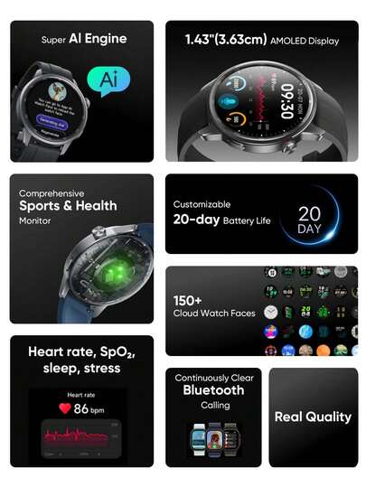 Realme S2 Watch, 1.43" AMOLED Display, IP68 Dust Water Resistance, Customisable Horloge Faces, AI Customised Health Tracking, Super Engine Upto 20 Days Battery Smartwatch view 2