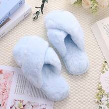 6 Pairs Womens Cross Band Slippers Fuzzy Plush House Bridesmaid Slipper White |   Black |   Pink Open Toe Fluffy Slipper Soft Warm Bridal Slippers2025 - 藍色 - 查看 4