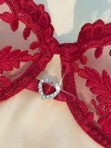 1sets Of 2 Pieces Ladies' Solid Color Embroidered Wheat Ear Heart Diamond Design Countryside Style Sexy Lingerie Underwear Set, Semi Transparent Hollow Design Thin Women's Bra And Pants, Simple And Comfortable Women's Two Pieces Set, Can Be Worn All Year Round - 酒紅色 - 查看 4