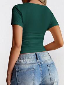 Women's Solid Color Knit Square Neck Sexy Fitted Cropped Waist T-Shirt, Y2K Style - Dark Green - View 9