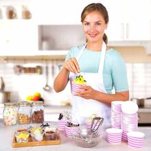 Barra de helado y tazas de aperitivos, tazas desechables de helado perfectas para fiestas, tazas de yogur congelado de alta calidad de 5 onzas, tazas de papel para desierto, paquete de 50 - Rayas rosadas + 236.58ml (8oz) - Ver 10