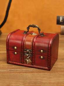 FEILIYA 1pc Vintage Distressed Wooden Jewelry Box Lockable Keepsake Storage Chest With Handle - Multicolor - View 9