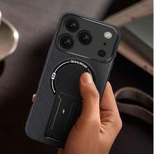 多功能隐形碳纤维支架无线磁吸充电防震手机壳，兼容苹果17PM/16/15/14/13/12/11...荣耀摩托罗拉...，国际版，非国内版 - 黑色 - 查看 7