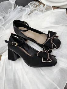 Cute Black High Heels For Teens, Square Toe With Bow & Rhinestone Decor, Elegant For Outdoor Daily, Romantic, Party, Music Performance In Autumn/Winter